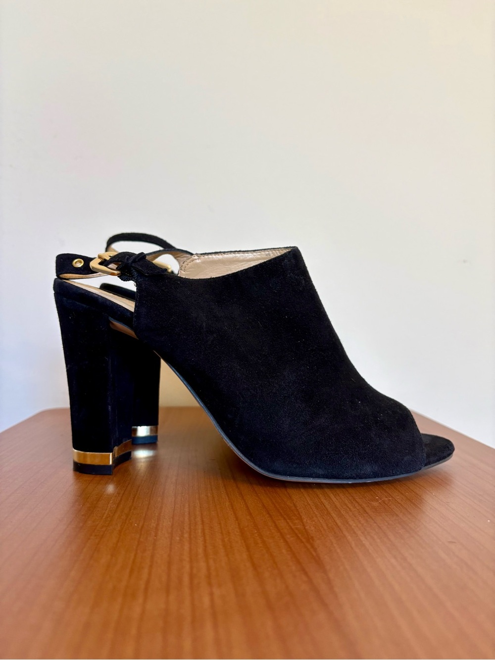 Marc Fisher Womens Slingback Heels Size 7.5 Black Suede Leather Peep Toe Mule